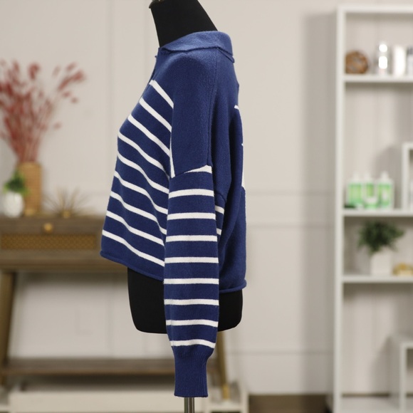 Kerri Rosenthal XO Women's V-Neck Heart Sweater in Blue and White Stripes- NWT - Picture 5 of 8